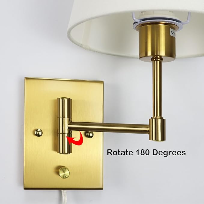 SAMTEEN Gold Plug-in Wall Sconces Set of Two Beige Shade Brass Swing Arm Wall Lamp with Plug-in Cord Wall Mount Light for Bedroom Living Room