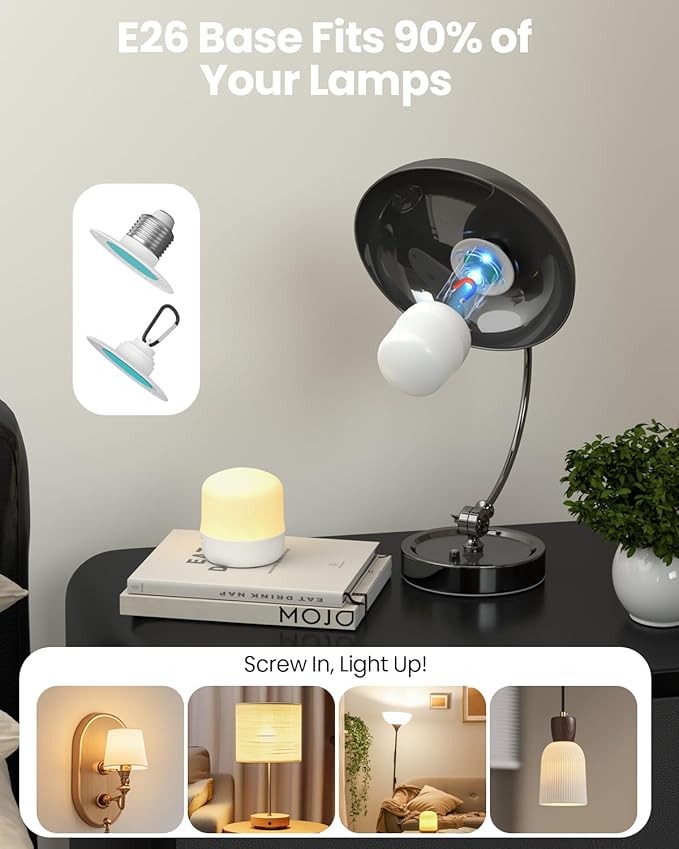 Rechargeable LED Light Bulb: Battery Powered Lights Bulb with Remote, 4000mAh E26 15 Color Modes Dimmable Night Lights with 3 Timer, Detachable Wireless Puck Light Bulb for Lamps/Wall Sconce, 2 Pack