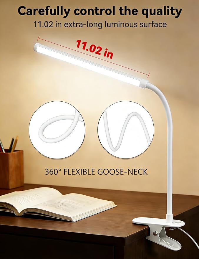 White 2 Pack LED Clip On Desk Lamp,Dimmable Clip On Reading Light with Flexible Neck,Curved Monitor Light Bar for Computer,Eye-Protection Bedside Lamp for Office Home Study Desk Accessories