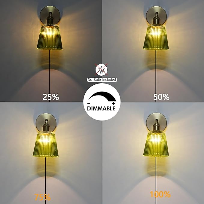 HuisMier Plug in Wall Sconces, Vintage Green Stripe Glass Lampshade Wall Lighting Fixture with On/Off Switch, Brass Wall Sconce for Bedroom Bathroom Living Room Hallway, Plug in