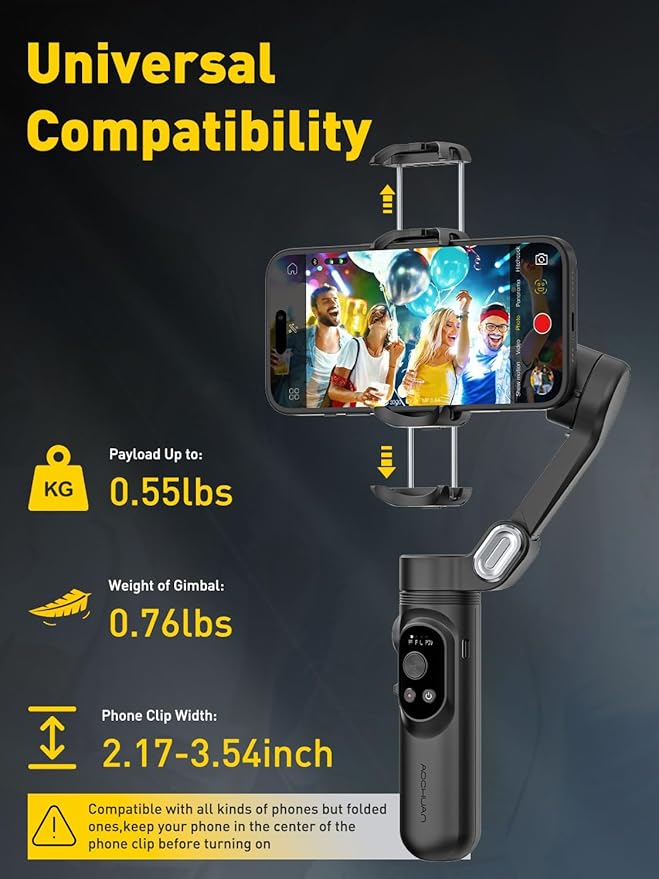 AOCHUAN 3-Axis Gimbal Stabilizer for iPhone 15/14/13 Pro Max Android,Foldable Smartphone Gimbal w/Built-in Fill Light,1/4 Thread,Professional Anti-Shake Video Record for TikTok YouTube(Smart X Black)