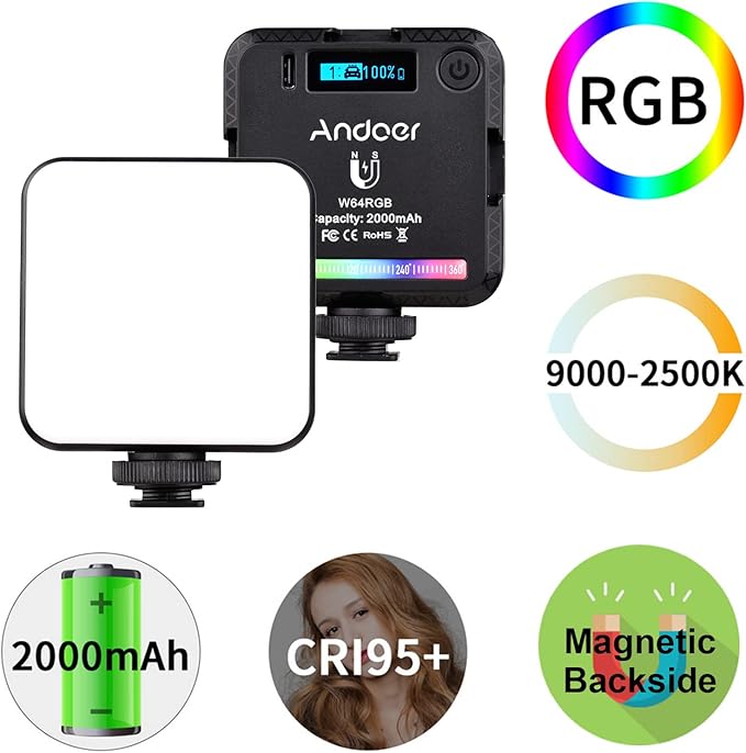 Andoer W64RGB Pocket RGB LED Video Light Kit Video Conference Light CRI95 2500K-9000K Dimmable 20 Light Effects Magnetic Backside with Desktop Tripod Flexible Ballhead Phone Holder Computer Clip