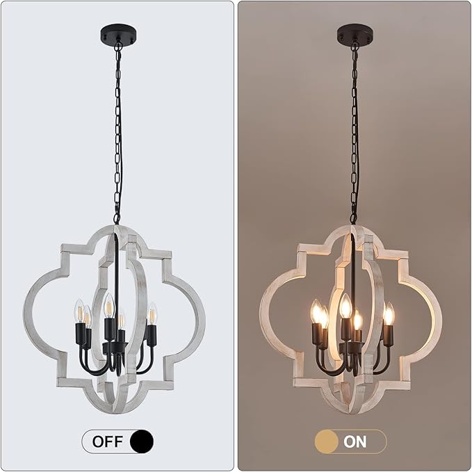 6-Light 21" Farmhouse Orb Chandelier Rustic Handmade Distressed White Wood Hanging Ceiling Pendant Light Fixture Wood Lantern Chandeliers for Dining Room Kitchen Bedroom Foyer Hallway