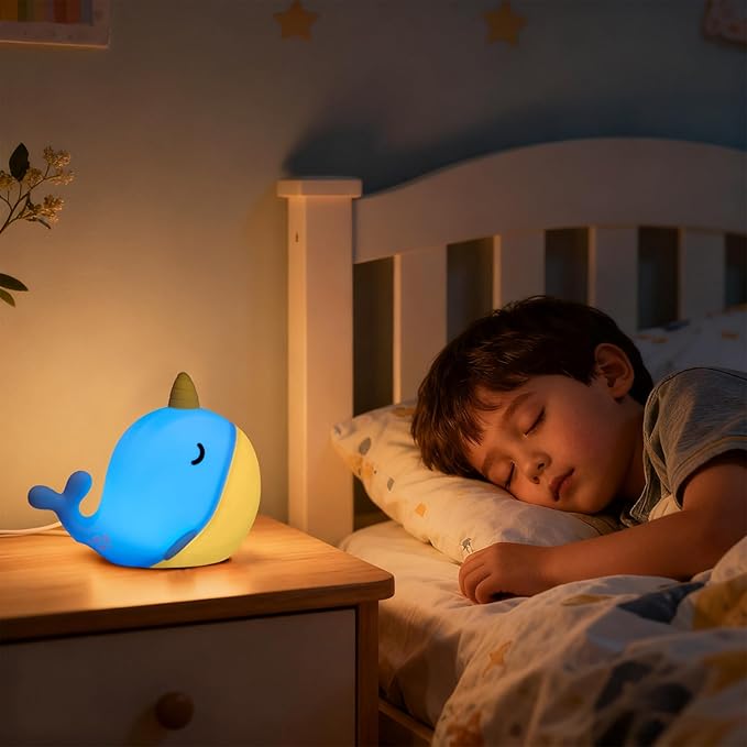 Cute Narwhal Night Light, Tap Control with 3 Warm White Brightness, USB Kids Bed Lamp with 30-Minute Timer, Soft Silicone Glow for Nursery, Birthday Gift (Blue Narwhal)