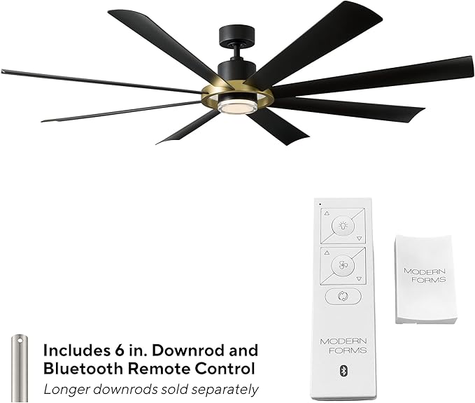 Modern Forms Aura Indoor and Outdoor 8-Blade 72in Smart Ceiling Fan in Soft Brass Matte Black with 3000K LED Light Kit and Remote Control works with Alexa and iOS or Android App