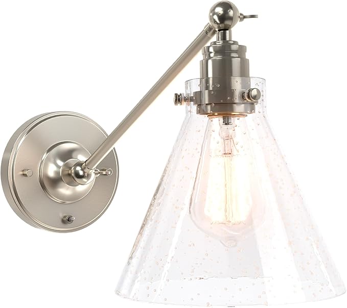 Industrial Vintage Slope Pole Wall Mount Single Sconce with Funnel Flared Clear Glass Shade, Swing Arm Wall Sconce Light Lamp Fixture Hardwired