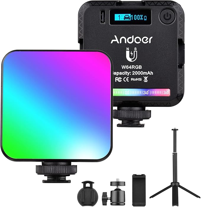 Andoer W64RGB Pocket RGB LED Video Light Kit Video Conference Light CRI95 2500K-9000K Dimmable 20 Light Effects Magnetic Backside with Desktop Tripod Flexible Ballhead Phone Holder Computer Clip