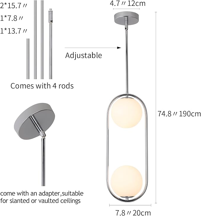 SeeU Chrome Pendant Lighting Mid Century Pendant Light Fixture Hanging Lighting Fixture with White Globe Glass Lampshade Pendant Chandelier for Kitchen Island Dining Room Bedroom
