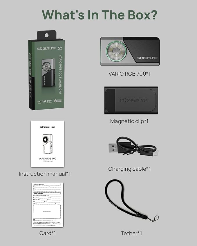 SCOUTLITE Vario RGB 700 EDC Flashlight, 700 Lumens Dual-Beam Light with RGB & UV, Magnetic Clip, Type-C Rechargeable 1000mAh Mini Light for Work, Camping, Headlamp Use