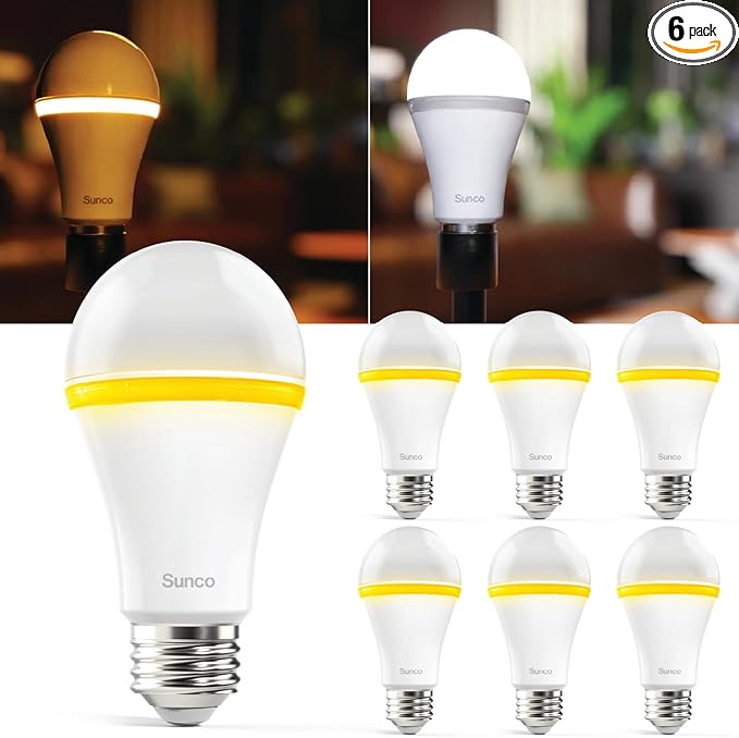 Sunco 6 Pack A19 Night Light Bulbs, Sleep Lights for Bedroom, Lamp, Nursery, Mood Soothing, 800 LM (80 LM Nightlight), 5000K Daylight (2000K Amber Glow), Dimmable, E26 Base UL