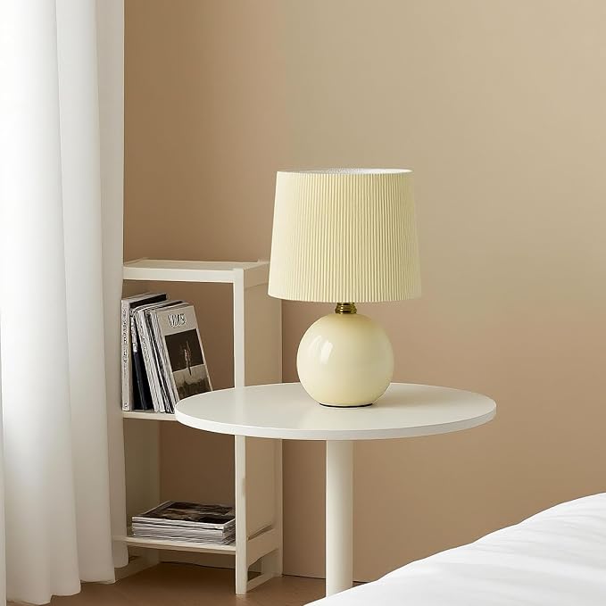 jonong Small Pleated Table Lamp, Ceramic Desk lamp,Modern Bedside Nightstand Lamp with Beige Lampshade, Cute Lamp for Bedroom Living Room Home Office Decor,Kids, Women, for Gift Present (Beige, M)