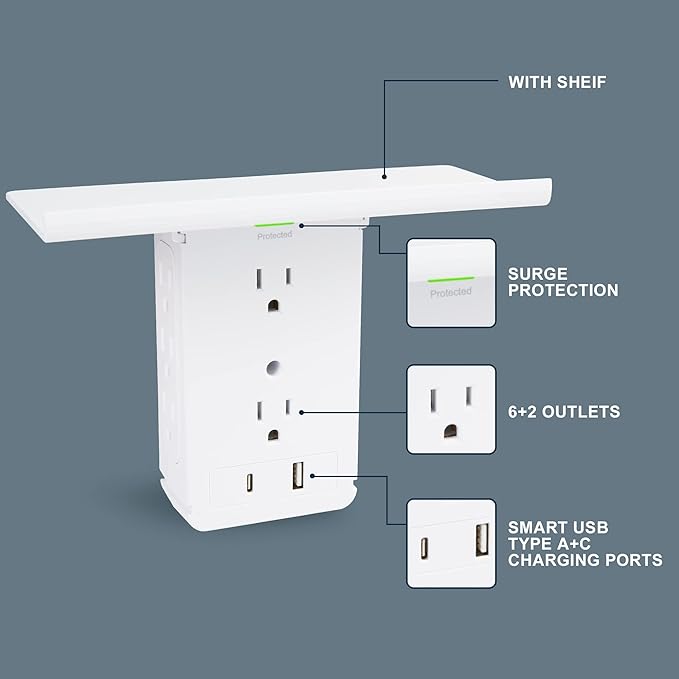 Wall Outlet Extender-2 Pack Surge Protector Wall Plug with USB A+C Ports (3.4A Total), 8 AC Outlets, Removable Outlet Shelf and Type-C Cable Included, Compatible with GFCI,1020J