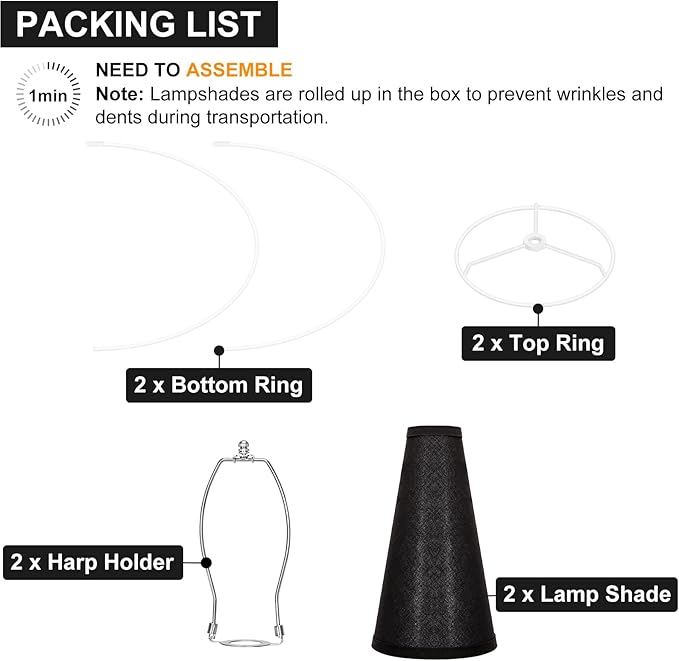 Black Lamp Shades Set of 2, 6" Top x 16" Bottom x 10.8" High, Empire Large Lamp Shades Replacement for Table Lamps Floor Lamps, Natural Linen Lampshades, Spider, Harp Holders Included, Easy Assembly