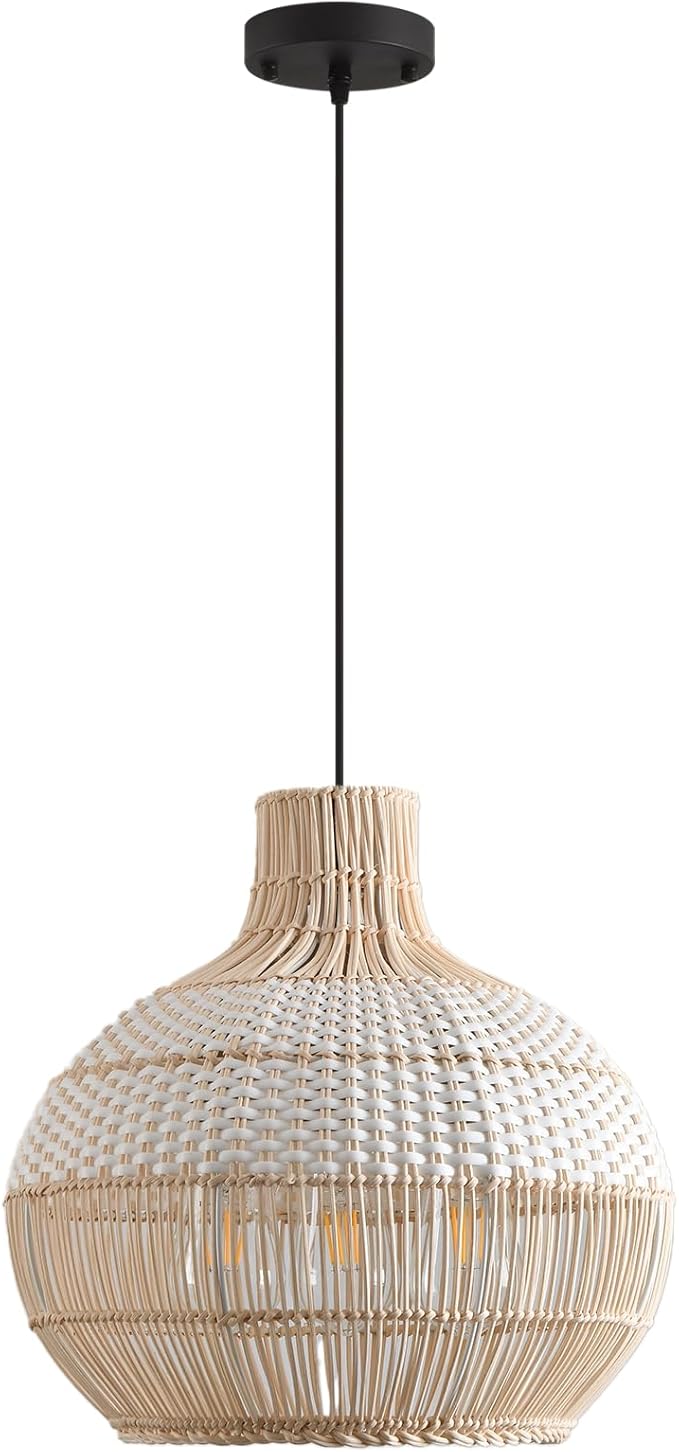 3-Light Rattan Pendant Light Fixture, 15" Hand-Woven White Wicker Basket Chandelier Boho Faux Rattan Hanging Lamp,for Dining Living Bedroom Kitchen