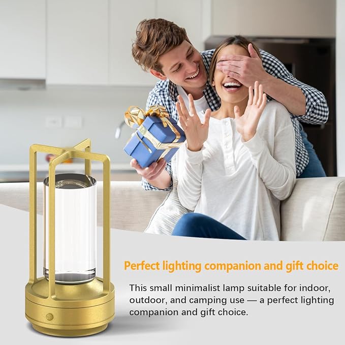 Cordless Portable Table Lamp Rechargeable for Indoor/Outdoor, 3000mAh Small Battery Powered Operated Lights, 3 Color Modes Dimmable Waterproof, LED Desk Lamp for Restaurant/Bedroom/Camping (Gold)