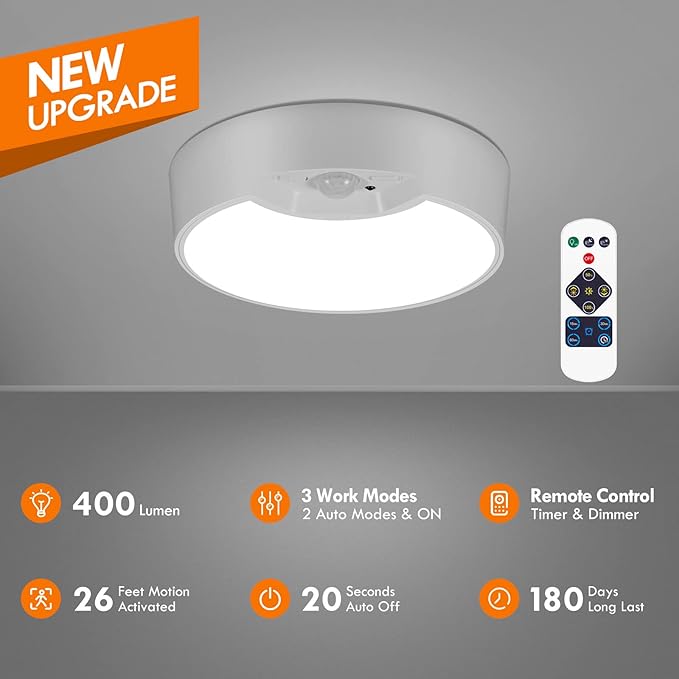 BLS Motion Sensor Ceiling Light with Remote, Battery Operated Lighting, 120 LED Closet Lights Motion Activated, Wireless Lamp for Shed Laundry Stairs Garage Bathroom Shower Porch 400 LM