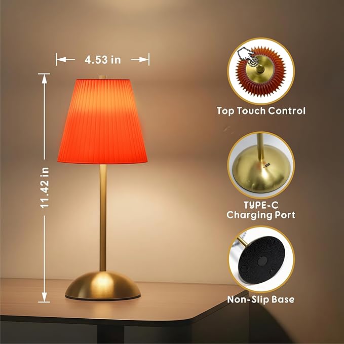Set of 2 Cordless Table Lamps Rechargeable, 3CCT & Stepless Dimming, LED Wireless Table Lamp, Small Touch Lamp for Tabletop Bedside Patio Indoor Outdoor, 4.5" W x 11.5" H (Tangerine Orange)