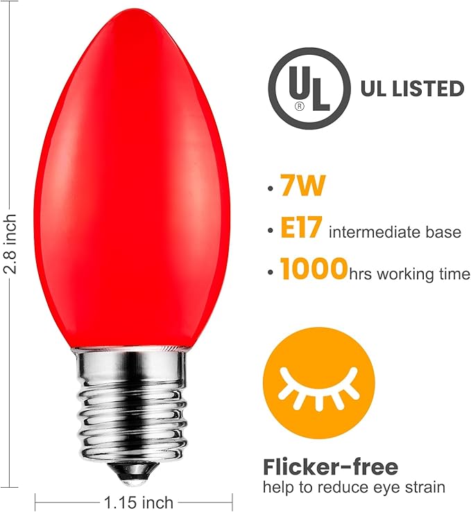 Brightown 25 Pack C9 Replacement Bulbs, Christmas C9 Incandescent Bulbs for Christmas String Lights, Christma Tree, Indoor Outdoor Holiday Decor, E17 Intermediate Base, 7 Watts, Red