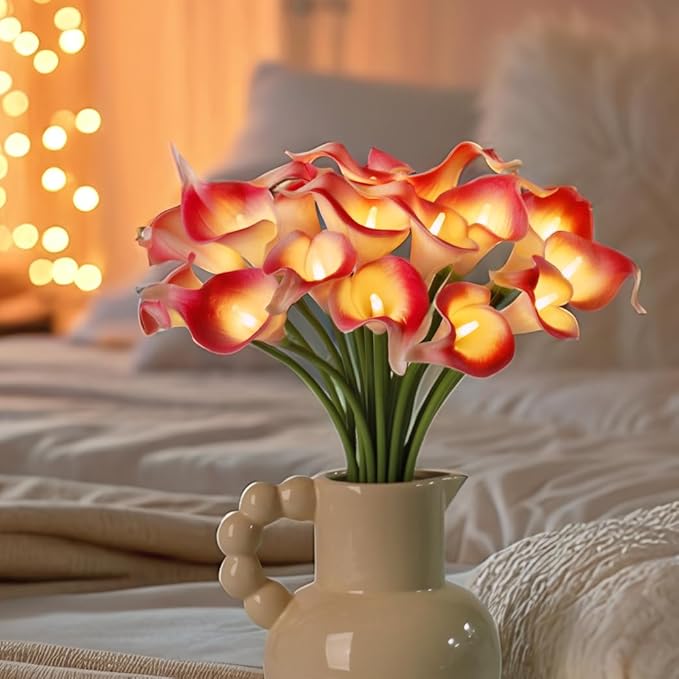 20pcs Lighted Artificial Calla Lily Bouquet Lamp Faux Floarl Night Light Real Touch Flower Night Lamp LED Calla Lily lighted Artificial Flower for Holiday Gifts Home Kitchen Decor(Pink, No Vase)