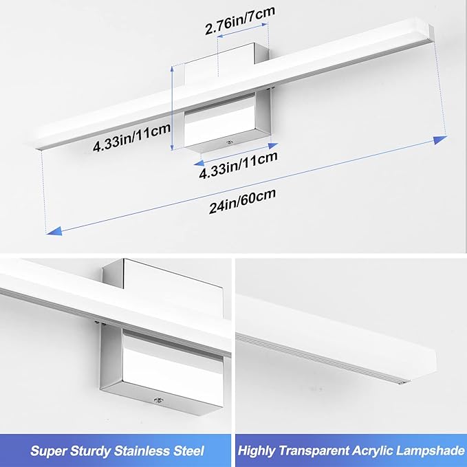 Combuh LED Vanity Lights Bar 24 Inch Bathroom Light Fixtures 14W IP44 Over Mirror Lighting Indoor Wall Sconces Modern Cool White 6000K for Washroom