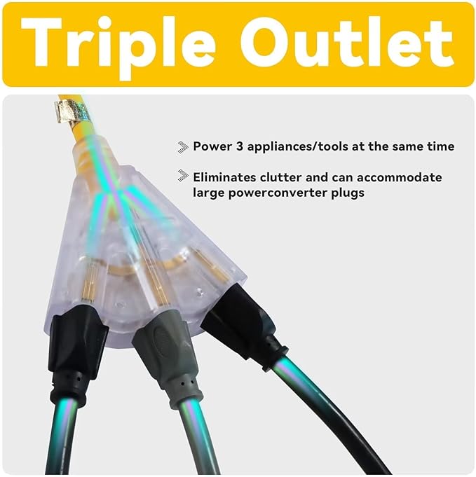 EP 2 Pack 25 Ft 12 Gauge Heavy Duty Extension Cord, 15A 125V 1875W, 3 Outlet Indoor/Outdoor Power Cord with Lighted End, 12/3 SJTW Weatherproof Yellow, UL Listed
