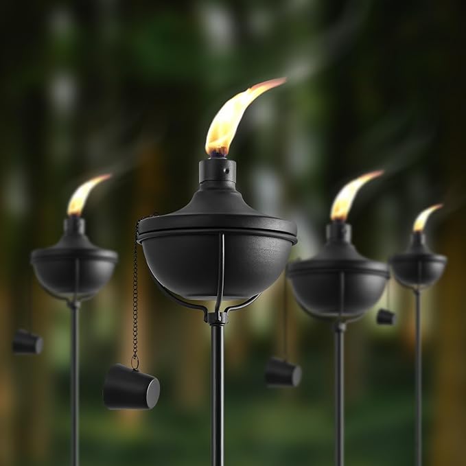 Home Garden Torch Set of 4, Outdoor Metal Torches with 5-Prong Grounded Stake, 56-Inch Adjustable Citronella Torches,23.5 oz Metal Light Torches for Patio, Pathway, Party (Ultra-Stable Design)