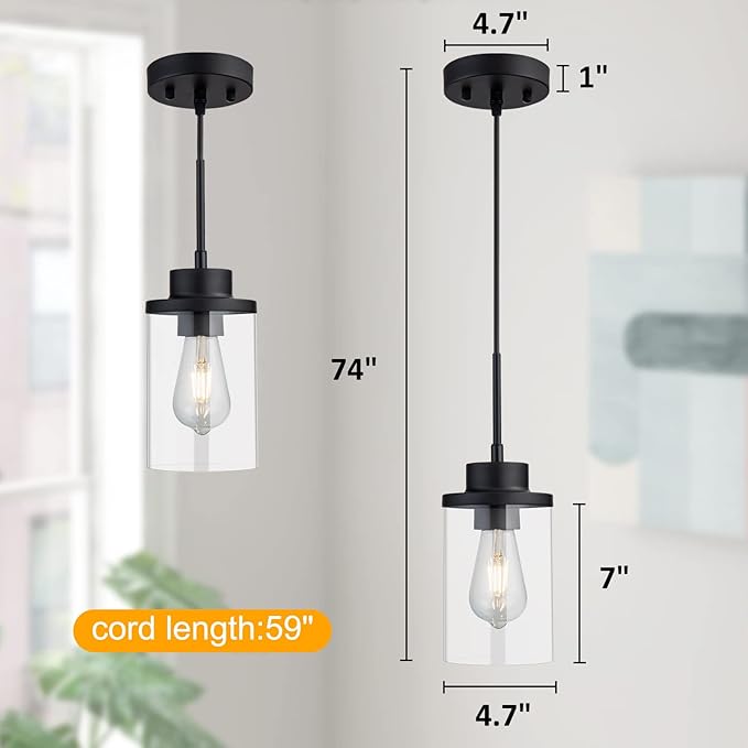 Modern Black Farmhouse Clear Glass Cylinder Pendant Light Fixture, Single Hanging Pendant Lighting for Kitchen Island, Dining Room, Bedroom & Hallway(3 Packs)
