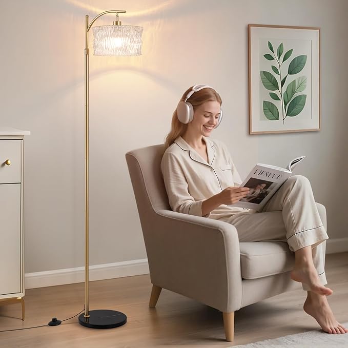 Dimmable Glass Floor Lamp for Living Room, Modern Gold Standing Lamp with Remote Control, Vintage Clear Glass Lampshade Tall Lamp for Bedroom Study Room(LED Bulb Included)