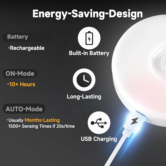 Improved LED Rechargeable Motion Sensor Light Indoor, Bright & Long-Lasting Battery, Stick-On Motion Sensor Puck Night Lights for Closet, Cabinet, Kitchen, Hallway, Stairs - Warm 2Pack