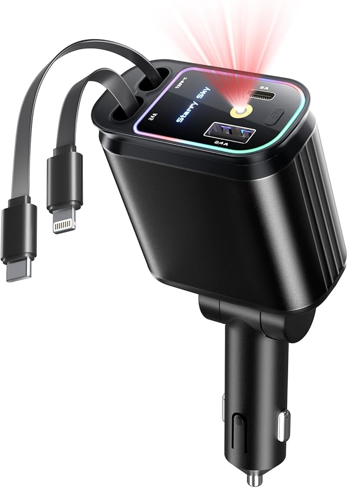 Starlight Retractable Car Charger with Retractable Cables, Starlight in Car Roof 4 in 1 Super Fast USB C Car Phone Charger, 2 USB Ports Starry Sky Adapter, Compatible with iPhone 17 16 15 14, Galaxy