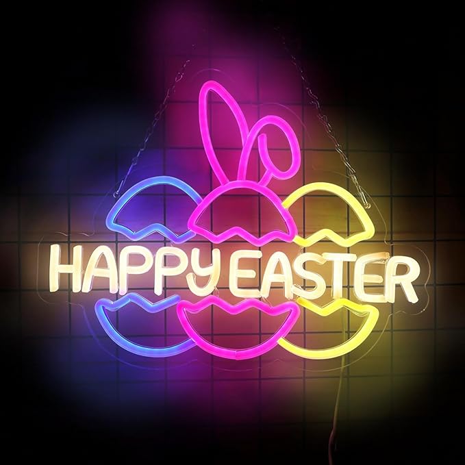 Happy Easter Neon Signs for Wall Decor, Easter Bunny Ears and Eggs Decorations Gifts, USB Dimmable LED Neon Lights Sign Party Decor for Bedroom Window Door Yard Bar Classroom Church
