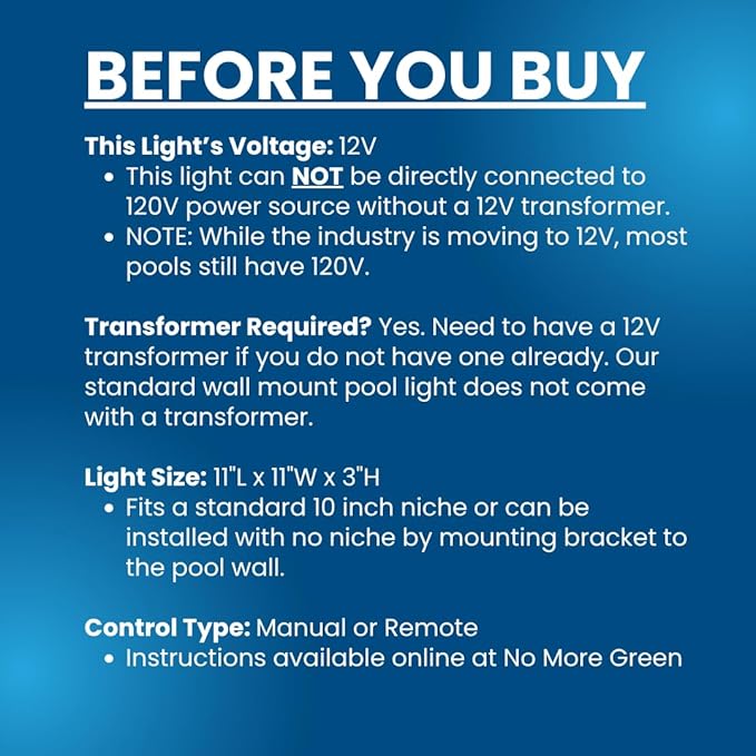LED Color Changing Pool Light with Remote, Wall Mount, 75ft Cable, 12V 60W - Nicheless Pool Light - Lifetime Replacement Warranty