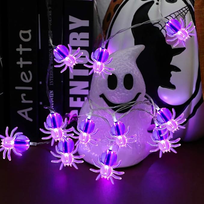 Halloween Solar String Lights, 21.3 Ft 30 LED Purple Spider LED Lights IP65 Waterproof for Halloween Outdoor Indoor Party Decor, Patio, Lawn, Garden, Yard