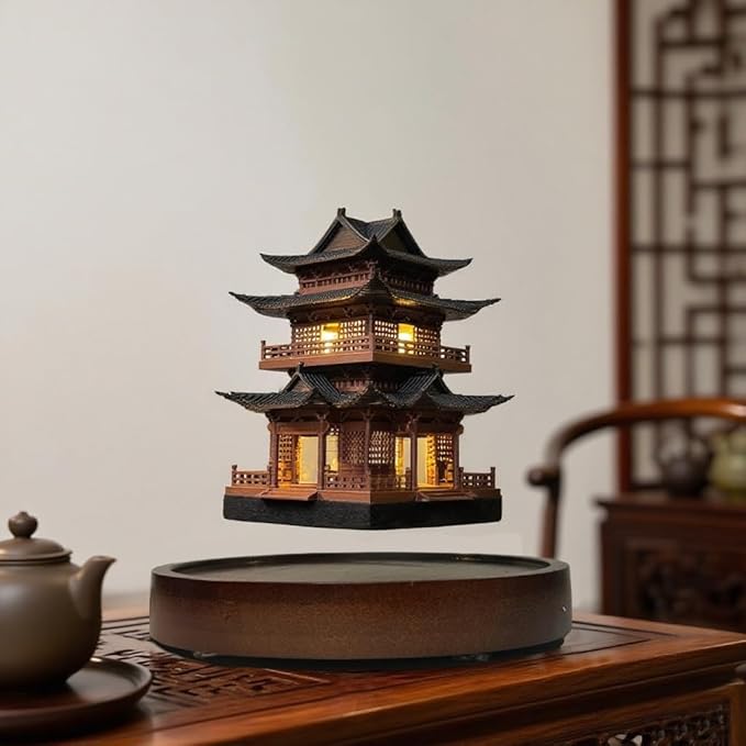 Levitating Ancient Tower lamp,Magnetic Floating LED Light Desk Lamp Table lamp Night Light, 360-degree Free Floating and Rotating in The air for Unique Gifts Room Home Office Decor (Art Deco)