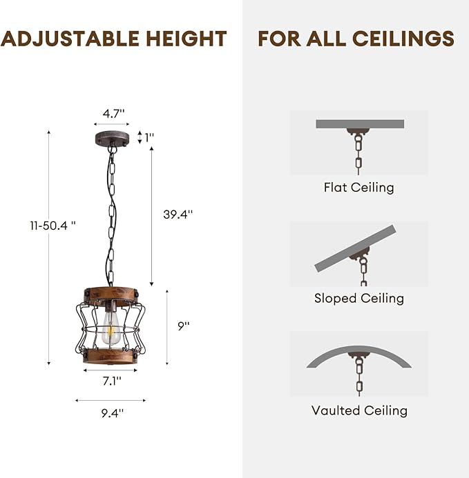 Farmhouse Chandelier Wood and Metal Rustic Light Fixtures 1-Light Round Cage Pendant Light Adjustable Height Industrial Hanging Light for Kitchen Island Hallway Bar Dining Room Entryway D 9.4" x H 9"