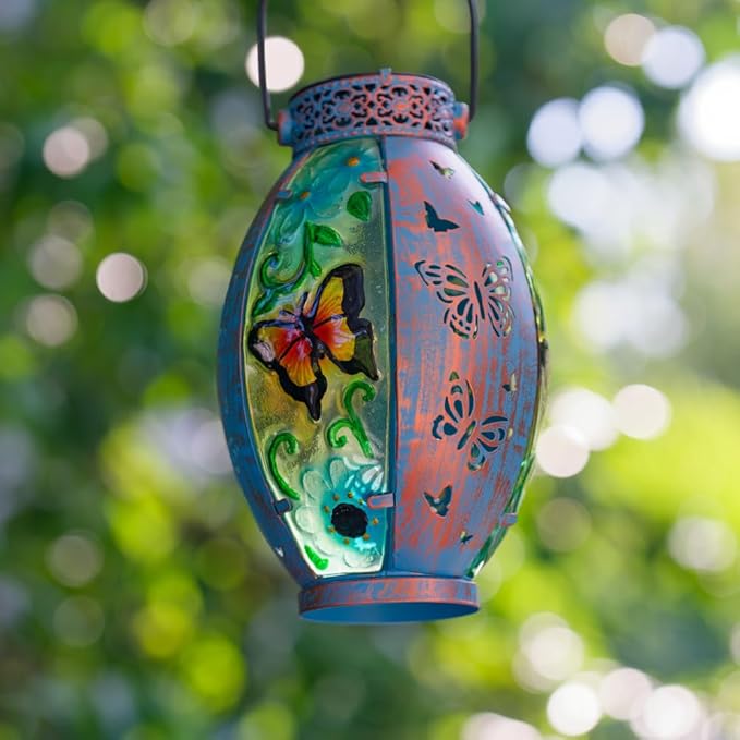 Butterfly Hanging Solar Lantern Outdoor Garden Decor, Butterfly Lantern Memorial Gardening Gifts for Mom Grandma, Solar Lights for Outside Waterproof Table Decor