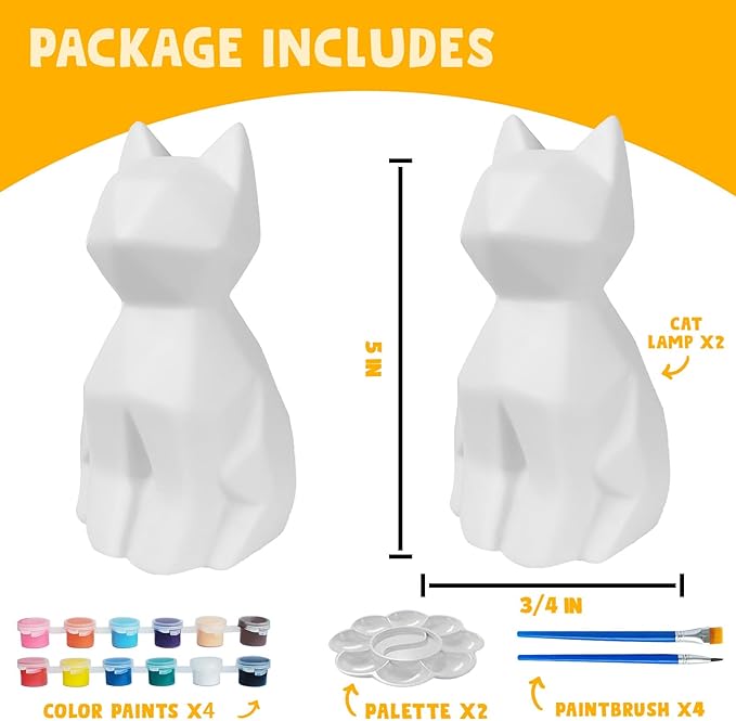 Goody King Paint Your Own Cat Lamp Kit, 2pcs DIY Cat Crafts Night Light, Arts & Crafts for Kids Ages 8-12, Painting Kit for Girls Boys Age 4 5 6 7 8+, Art Supplies Creative Gift for Birthday, Party