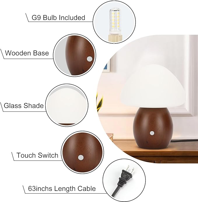 Mushroom Lamp with Touch Control Switch, Small Wooden Table Lamp with Glass Shade, 3 Way Dimmable Nightstand Lamp for Bedroom, G9 LED Bulb Included (Walnut Color&Opal White Glass Shade)