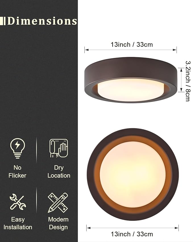 13 Inch Flush Mount Ceiling Light,Oil Rubbed Bronze Finish Plate with Frosted Glass Shade,Round Ceiling Lighting Fixture for Hallway Bedroom Closet Livingroom Kitchen Stairwell (Oil Rubbed Bronze)
