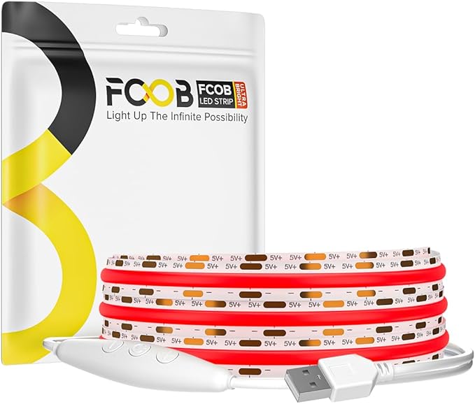 5V COB Red Led Strip Light 6.56FT USB Powered CRI90+ LED Tape Lights with Dimmer, 8mm Width Dimmable High Density Flexible Strips for TV Under Cabinet Bedroom