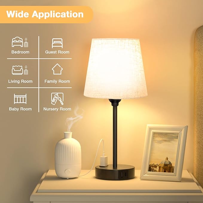 Mini Bedside Lamps for Bedrooms Set of 2 - Nightstand Bedroom Lamps with USB C Port and AC Outlet Charging, Dimmable Touch Small Bed Side Table Lamp, Black Night Stand Light for Kids/Guest Room