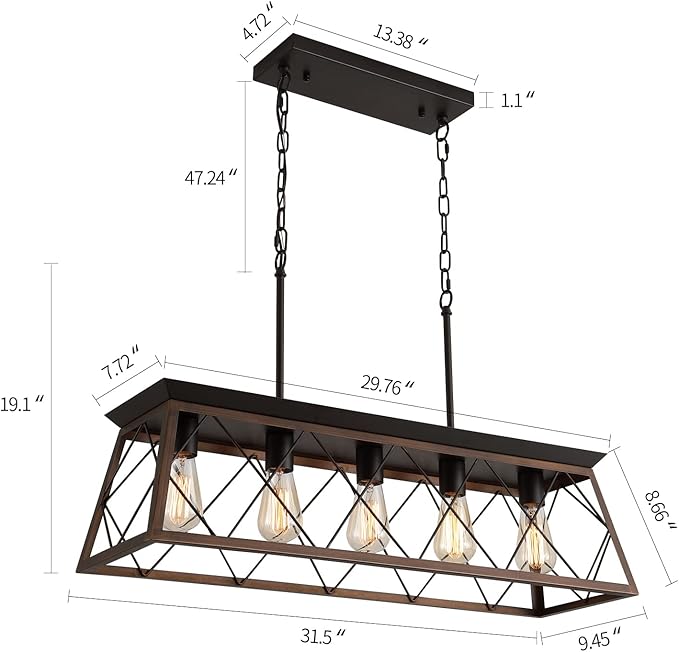 Q&S Farmhouse Rustic Chandelier Light Fixtures Bronze 5 Lights Linear Rectangular Chandelier Pendant Light Fixtures for Dining Room Kitchen Island Pool Bar Office Living Room Entryway UL Listed