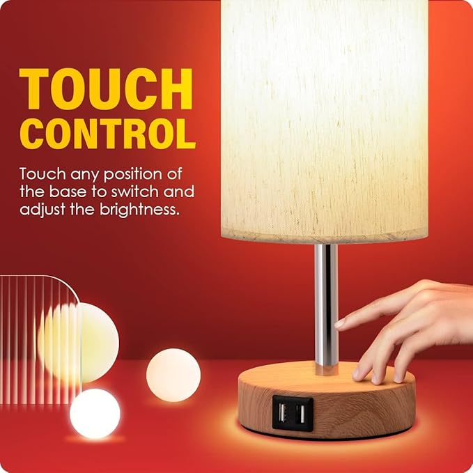 Yarra-Decor Bedside Table Lamp with USB Port - Touch Control for Bedroom 3 Way Dimmable Nightstand Lamp with Flaxen Fabric Shade for Living Room, Dorm, Home Office, Wood-Grain (LED Bulb Included)
