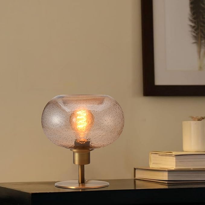 Mid Century Glass Table Lamp,Dimmable Desk Lamp,LED Bulb Included,Timer Build-In,Cognac Amber Seeded Glass