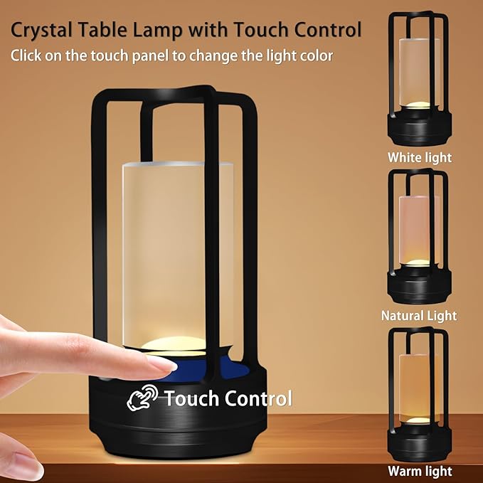 Cordless Rechargeable Table Lamps, Portable Lumisom Crystal Small Lantern Lamp with Touch Control & 3 Color Dimmable, 4000mAh Battery-Powered Klarako Crystal Desk Lanter (Black)