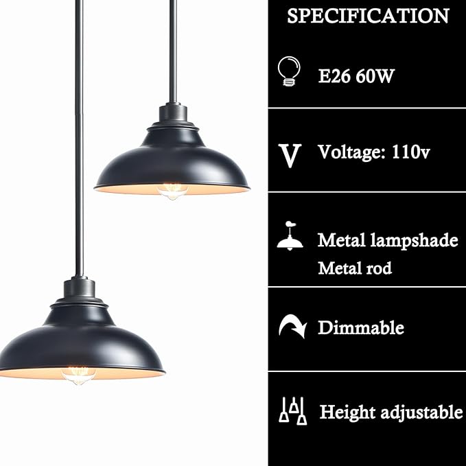 Farmhouse Pendant Light Fixture Black Pendant Lights Kitchen Island Modern for Dinning Room Bedroom Entryway Metal Rod
