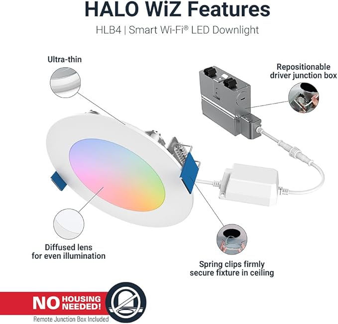 HALO HLB4069WZRGBWMWR 4” Smart Wi-Fi Slim Canless LED Downlight Powered by WiZ Pro, Dimmable Full Color with Smart Home Integration| (Pack of 4)