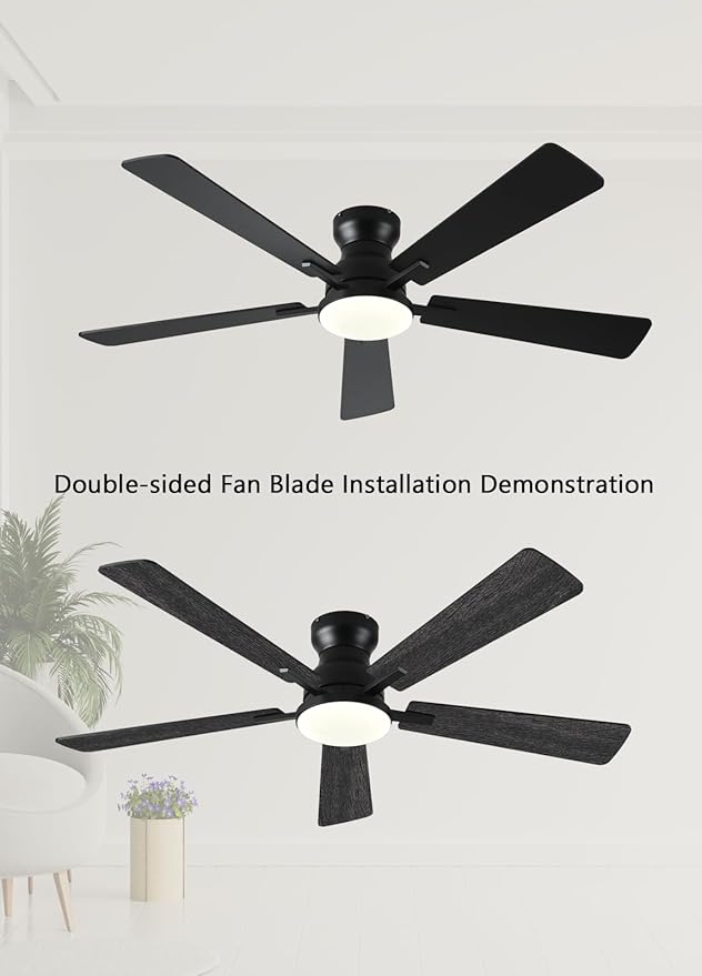 Ceiling Fans with Lights, 52Inch Low Profile Ceiling Fan with Light and Remote/App Control, Modern Flush Mount Black Ceiling Fan, 3CCT Dimmable, Reversible DC Motor, for Living Room,Bedroom