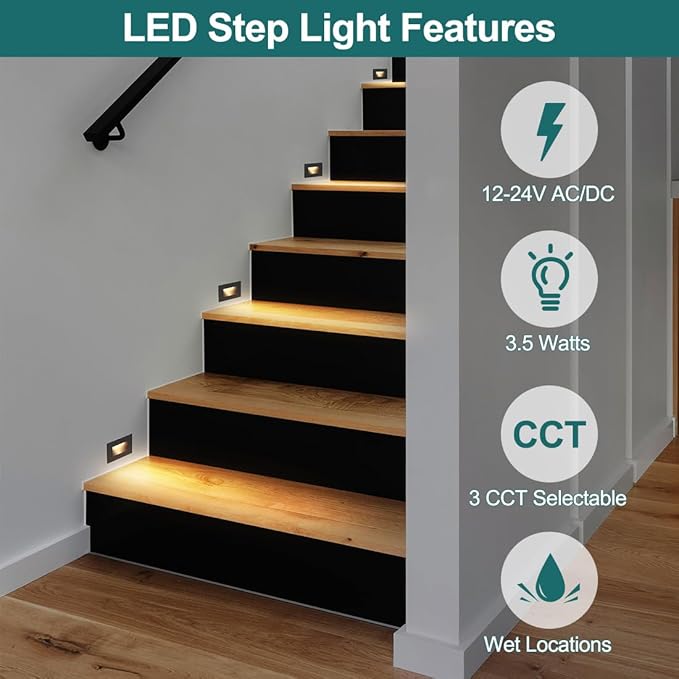 kadision 3 Color Low Voltage 12V-24V LED Step Lights Indoor and Outdoor, 3.5W 175lm Stair Light, Aluminum Oil Rubbed Bronze, 4 Pack
