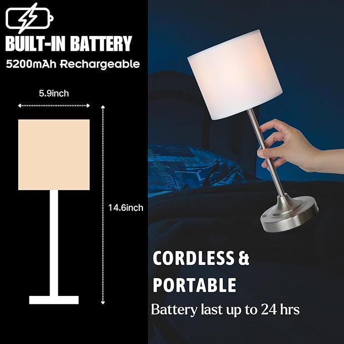 Portable Cordless Table Lamp,Built-in 5200mAH Rechargeable Battery, Dimmable Touch Wireless Light, Bed Side Metal Desk Lamp，Restaurant/Bedroom/Bar/Coffee/Night Light (Brushed Nickel)